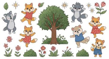 Cute Woodland Animals Having a Party Around a Tree in the Forest Scene vector