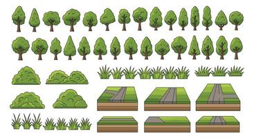 Pixel Art Game Assets A Collection of Trees Bushes Grass and Ground Tiles vector