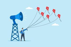 Flat illustration of businessman releasing exclamation kites from megaphone tower to spread urgent alert and warning across wide area vector