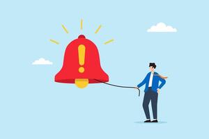 Flat illustration of businessman ringing giant alarm bell with exclamation symbol to signal emergency alert and draw public attention vector