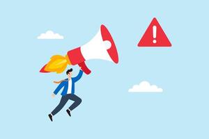 Flat illustration of businessman launching megaphone rocket with exclamation trail to deliver urgent warning message and alert notification vector