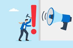 Flat illustration of businessman hammering red exclamation mark onto wall with megaphone echo to alert public of critical safety message vector