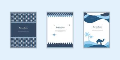 Ramadan Kareem poster, holiday cover set. Modern design with geometric pattern wit camel in desert vector