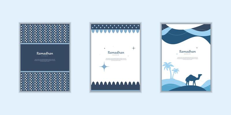 Ramadan Kareem poster, holiday cover set. Modern design with geometric pattern wit camel in desert