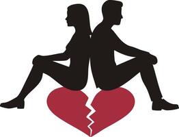 Silhouette of man and woman sitting back to back on broken heart symbol representing relationship breakup and emotional separation illustration vector