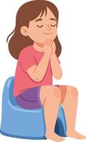 Girl sitting on potty training with closed eyes and hands clasped in calm expression illustration vector