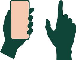 Smartphone held in hand with pointing finger gesture illustration in dark green and peach colors vector