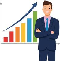 Businessman standing confidently near colorful bar chart with upward arrow showing growth and success illustration vector