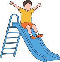 Child sliding down blue playground slide with orange clothes and joyful expression outdoor play activity vector