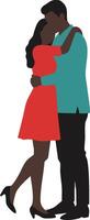 Romantic couple embracing in red dress and teal jacket showing affection and love in a simple illustration vector