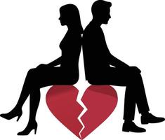 Silhouetted man and woman sitting back to back on broken heart symbol representing relationship breakup and emotional separation illustration vector