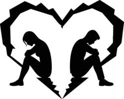 Broken heart silhouette with two sad people sitting back to back inside illustration vector