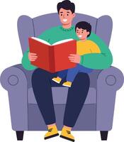 Father reading book to son sitting on armchair enjoying storytime together in cozy home environment vector