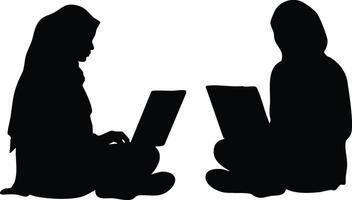 Two women sitting cross-legged working on laptops in silhouette illustration technology and teamwork concept vector