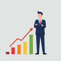 Businessman standing confidently near colorful rising bar chart showing growth and success in business environment vector