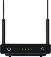 Wireless router with dual antennas and green indicator lights technology device illustration for internet connectivity vector
