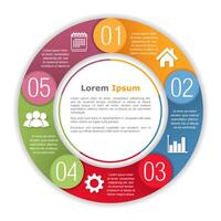 Circle infographics with five elements, steps or options, process diagram, round chart template vector