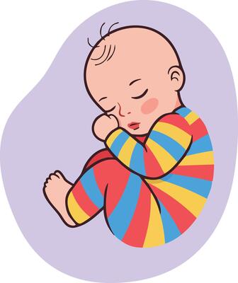Sleeping baby in colorful striped pajamas curled up on purple background illustration