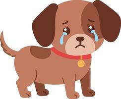 Sad brown puppy dog with red collar crying illustration in simple style for emotional pet design vector
