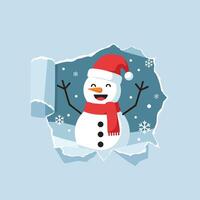Snowman with red scarf and hat breaking through winter paper background in cheerful festive scene vector