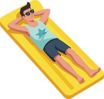 Man relaxing on yellow inflatable pool float wearing sunglasses and casual summer clothes illustration vector