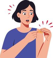 Woman removing adhesive bandage from arm with surprised expression illustration in simple style vector