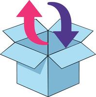 Open blue cardboard box with pink and purple arrows symbolizing upload and download process illustration vector