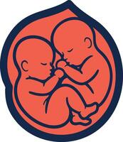 Twin babies sleeping curled up inside womb illustration in red and navy colors symbolizing infancy and care vector