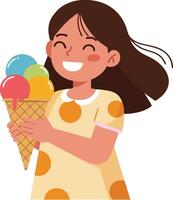 Happy girl holding large colorful ice cream cone smiling joyfully illustration vector