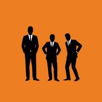 Three professional business men in suits standing and posing on orange background illustration vector