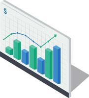 Financial growth chart with green and blue bar graphs and upward trend arrow in isometric style illustration vector