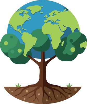 Earth globe tree with roots and green leaves environmental conservation concept illustration