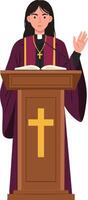 Female priest in purple robe preaching from pulpit with cross symbol illustration vector