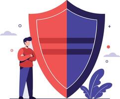 Man standing beside large red and blue shield symbolizing protection and security in digital illustration style vector