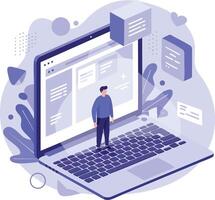 Man standing on large laptop keyboard with digital message boxes and abstract background in technology concept illustration vector