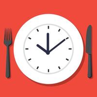 Clock on white plate with fork and knife symbolizing mealtime concept in flat style illustration vector