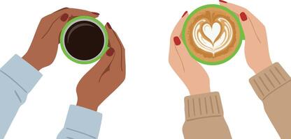 Hands Holding Coffee Cups with Latte Art and Black Coffee Top View Illustration for Relaxation and Socializing vector
