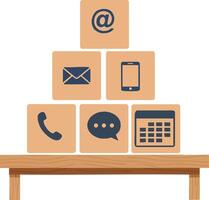 Communication icons stacked on wooden blocks with table illustration design for digital contact concept vector