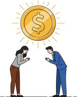 Businesspeople bowing respectfully under shining gold dollar coin symbolizing financial respect and cooperation in business environment illustration vector