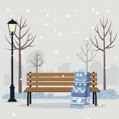 Winter park bench with blue patterned blanket and street lamp under snowy sky in serene landscape scene