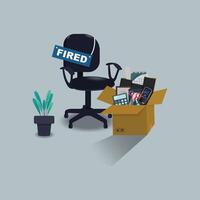 Empty office chair with fired information and the box with office things. Fired concept illustration vector