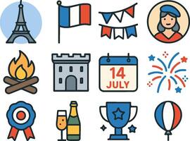 Eiffel Tower and Bastille Day Icons Set vector