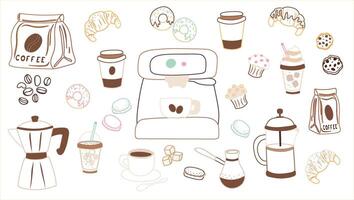 set of coffee drinks and desserts in stroke style vector