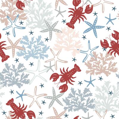 Marine hand drawn pattern with sea shells, stars, coral and lobsters. Perfect for textiles, wallpaper and prints.