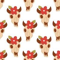 Skull pattern with horns and red flowers vector
