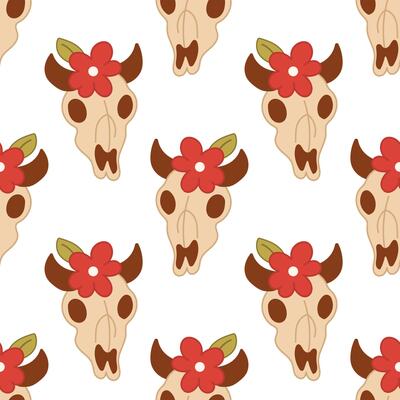 Skull pattern with horns and red flowers