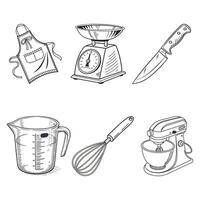 A collection of kitchen tools and baking equipment in a sketch style featuring an apron scale knife measuring cup whisk and stand mixer vector