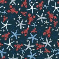 Marine hand drawn pattern with seastars, coral and lobsters. Perfect for textiles, wallpaper and prints. vector
