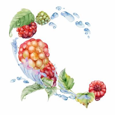 Raspberry flying in water splash leaves flowers, wet moist dew drops, fresh ripe garden berries dewberry cloudberry mulberry loganberry. Isolated illustration hand drawn in watercolor. Drinks grocery