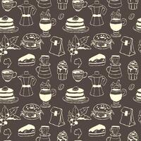 Coffee doodle seamless pattern on dark background vector